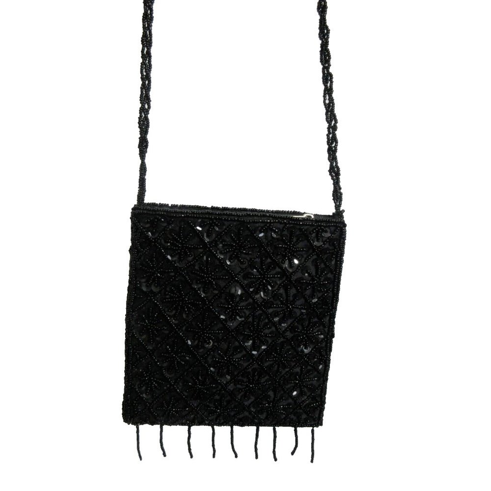 Vintage Black Beaded Evening Bag Crossbody Shoulder Zippered Satin Lined Dressy